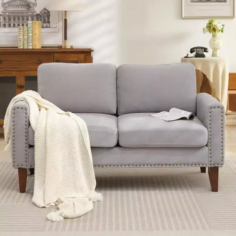 Canapé Loveseat Hyleory 57,48'' en Lin Rembourré avec Tête de Clou et Pieds en Bois Massif
