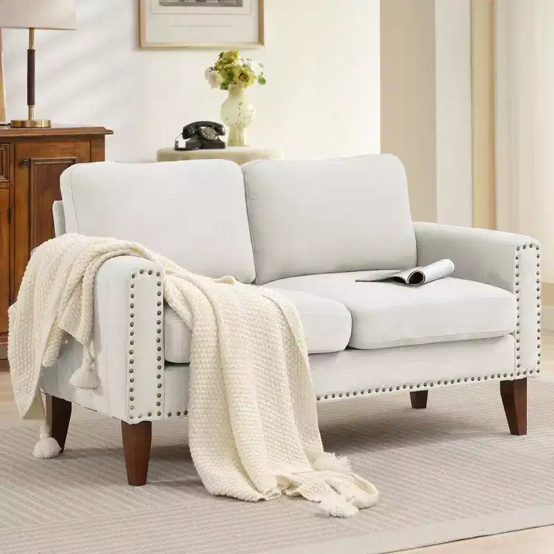 Canapé Loveseat Hyleory 57,48'' en Lin Rembourré avec Tête de Clou et Pieds en Bois Massif