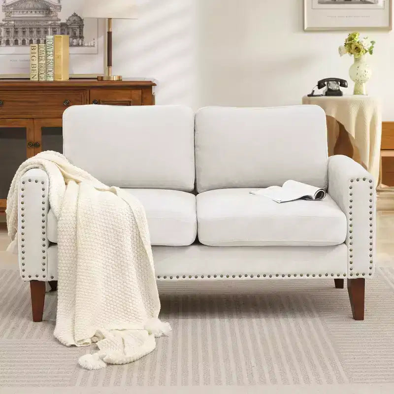Canapé Loveseat Hyleory 57,48'' en Lin Rembourré avec Tête de Clou et Pieds en Bois Massif