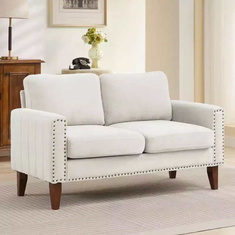 Hyleory 57.48'' Upholstered Linen Nailhead Loveseat Sofa with Solid Wood Legs