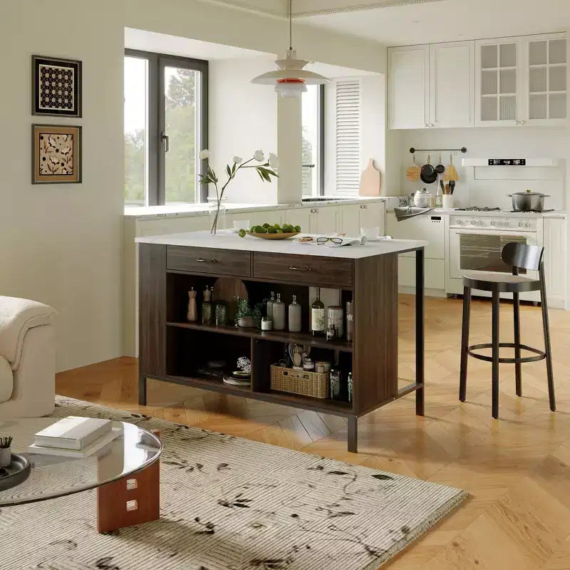 Desserte de cuisine Famapy avec plan de travail en marbre, 2 tiroirs, 6 étagères, pieds en métal, grand espace de rangement, meuble de garde-manger, table à manger, solution de cuisine tout-en-un