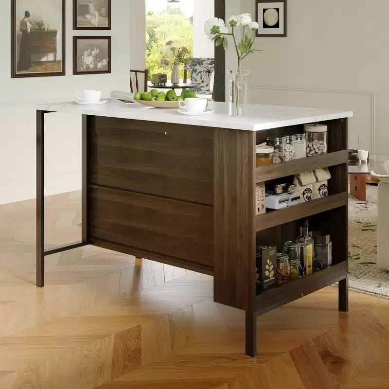 Desserte de cuisine Famapy avec plan de travail en marbre, 2 tiroirs, 6 étagères, pieds en métal, grand espace de rangement, meuble de garde-manger, table à manger, solution de cuisine tout-en-un