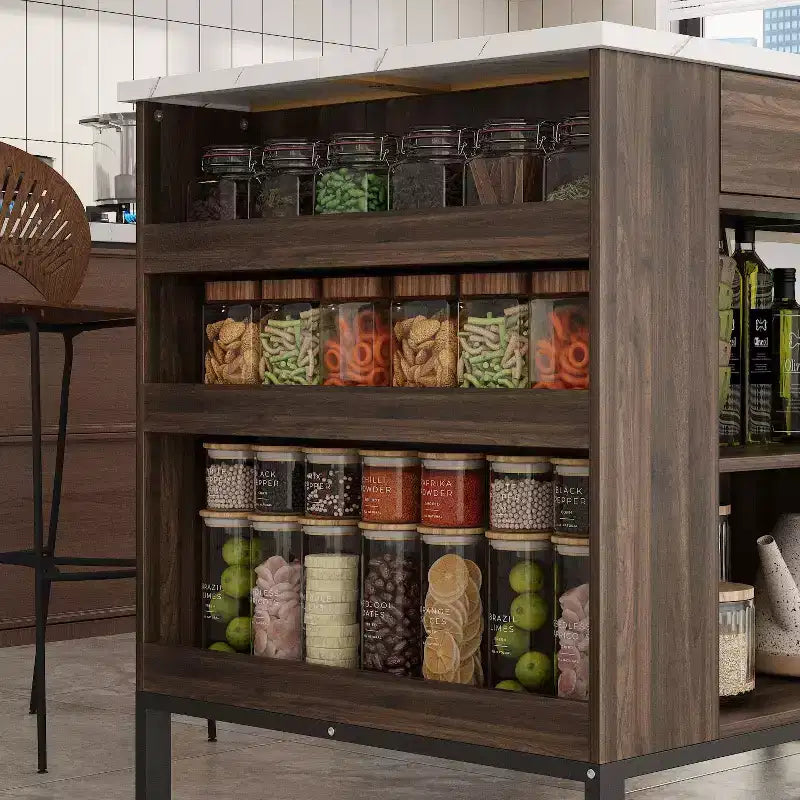 Desserte de cuisine Famapy avec plan de travail en marbre, 2 tiroirs, 6 étagères, pieds en métal, grand espace de rangement, meuble de garde-manger, table à manger, solution de cuisine tout-en-un