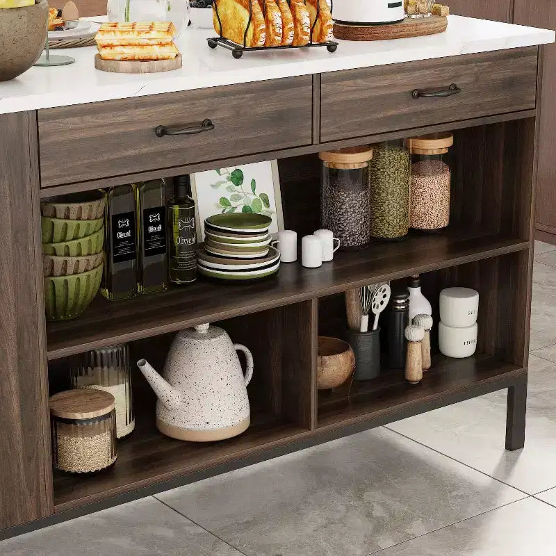 Desserte de cuisine Famapy avec plan de travail en marbre, 2 tiroirs, 6 étagères, pieds en métal, grand espace de rangement, meuble de garde-manger, table à manger, solution de cuisine tout-en-un