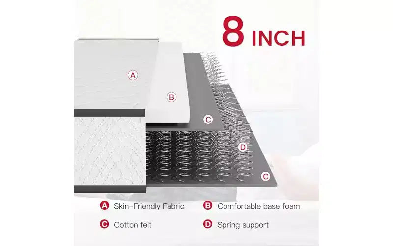Matelas à ressorts semi-ferme FDW 8 pouces pour un sommeil frais et un soulagement de la pression, sans fibre de verre, livré en boîte, certifié CertiPUR-US