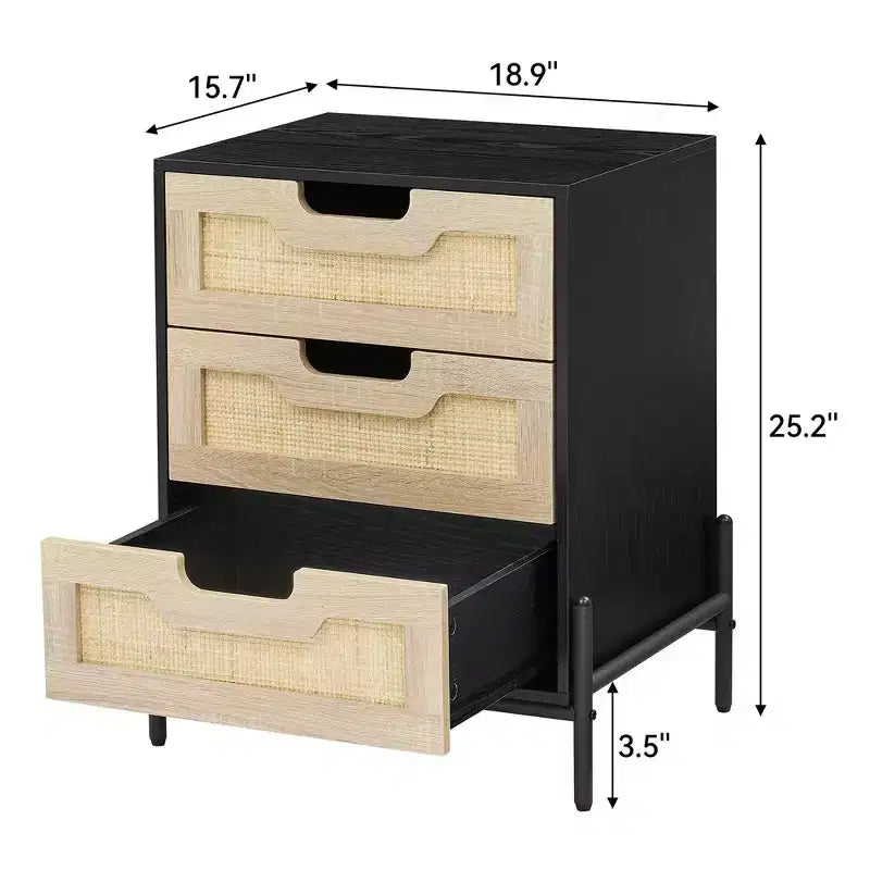 Table de chevet, table d'appoint en rotin, tables de chevet avec 3 tiroirs en rotin naturel, lot de 1 ou 2