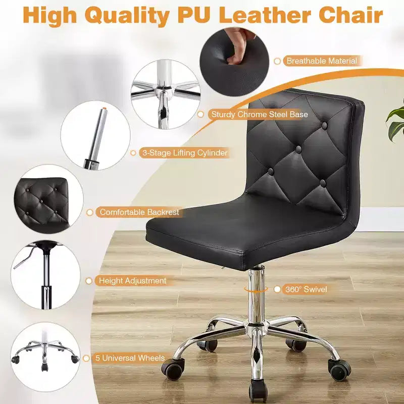 Chaise de bureau moderne VECELO en cuir PU avec rembourrage et base métallique réglable, chaises de bureau pivotantes sans accoudoirs à dossier mi-hauteur