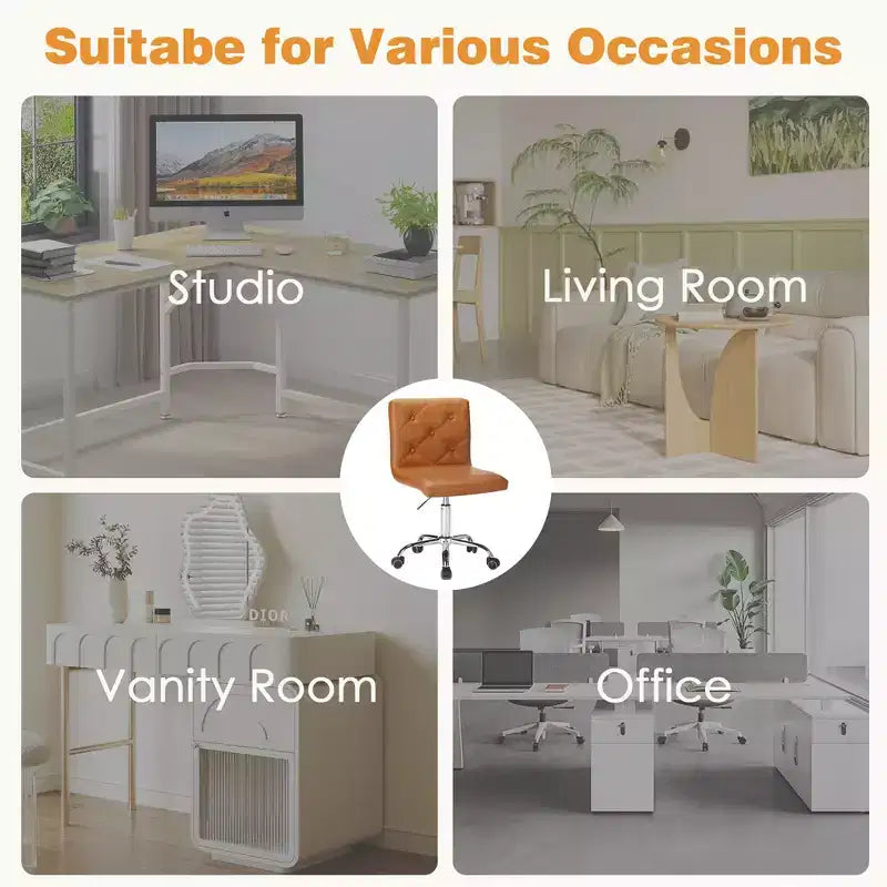 Chaise de bureau moderne VECELO en cuir PU avec rembourrage et base métallique réglable, chaises de bureau pivotantes sans accoudoirs à dossier mi-hauteur