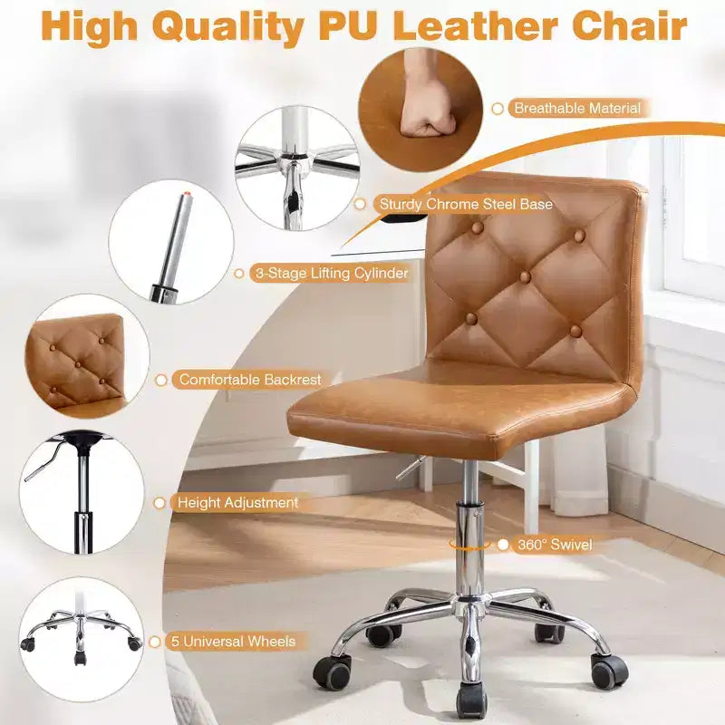 Chaise de bureau moderne VECELO en cuir PU avec rembourrage et base métallique réglable, chaises de bureau pivotantes sans accoudoirs à dossier mi-hauteur