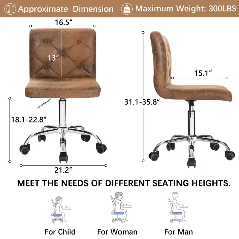 Chaise de bureau moderne VECELO en cuir PU avec rembourrage et base métallique réglable, chaises de bureau pivotantes sans accoudoirs à dossier mi-hauteur