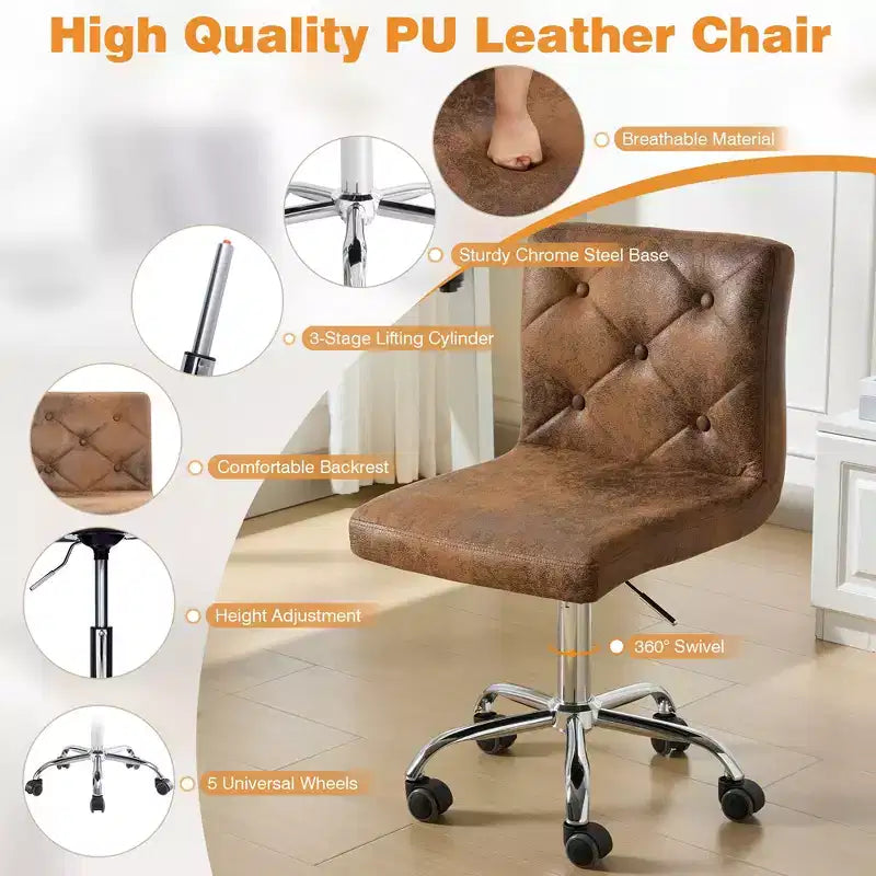 Chaise de bureau moderne VECELO en cuir PU avec rembourrage et base métallique réglable, chaises de bureau pivotantes sans accoudoirs à dossier mi-hauteur