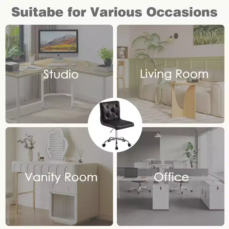 Chaise de bureau moderne VECELO en cuir PU avec rembourrage et base métallique réglable, chaises de bureau pivotantes sans accoudoirs à dossier mi-hauteur