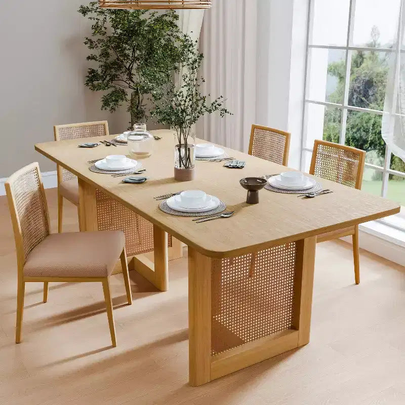 Table à manger rectangulaire en bois Mid-Century Dovelina Table de cuisine en rotin pour 6 personnes - 67