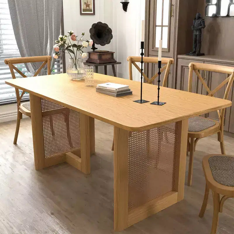 Table à manger rectangulaire en bois Mid-Century Dovelina Table de cuisine en rotin pour 6 personnes - 67