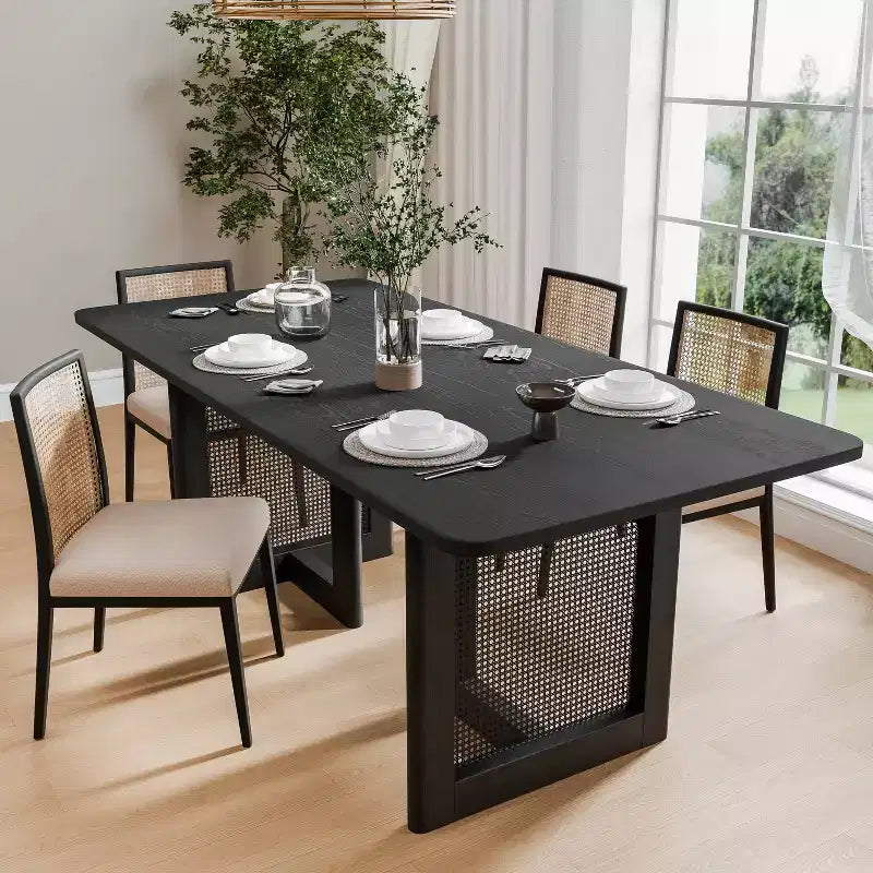 Table à manger rectangulaire en bois Mid-Century Dovelina Table de cuisine en rotin pour 6 personnes - 67