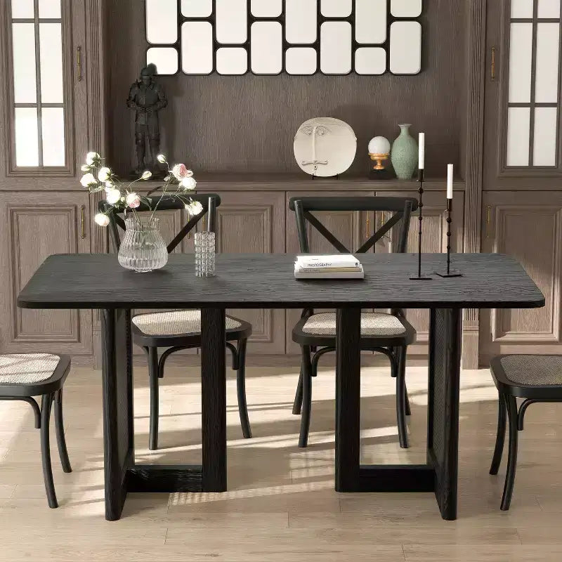Table à manger rectangulaire en bois Mid-Century Dovelina Table de cuisine en rotin pour 6 personnes - 67