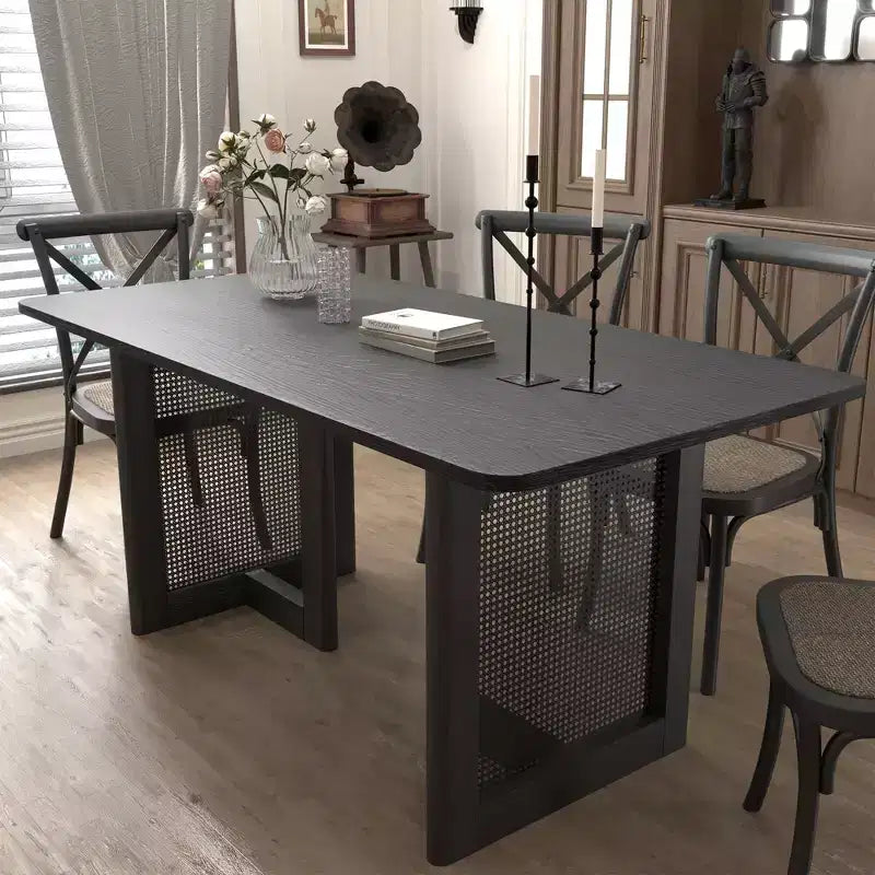 Table à manger rectangulaire en bois Mid-Century Dovelina Table de cuisine en rotin pour 6 personnes - 67