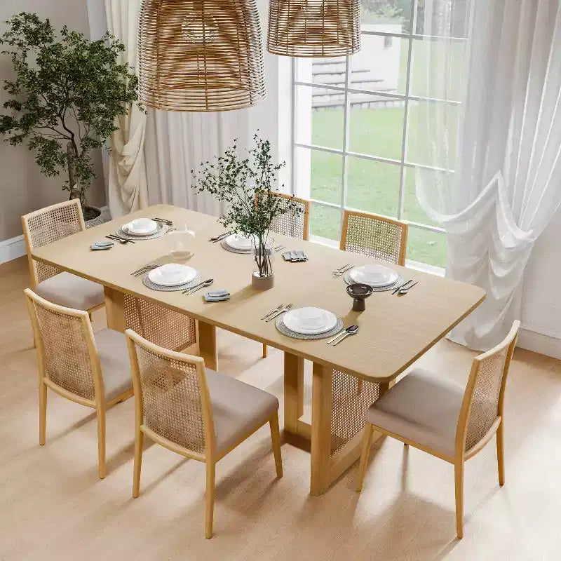 Table à manger rectangulaire en bois Mid-Century Dovelina Table de cuisine en rotin pour 6 personnes - 67