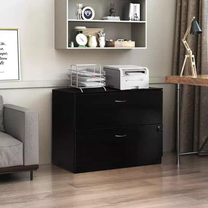 Meuble de classement latéral en bois Basicwise 30 avec deux tiroirs spacieux, un verrouillable - Convient au bureau à domicile, offrant amplement d'espace