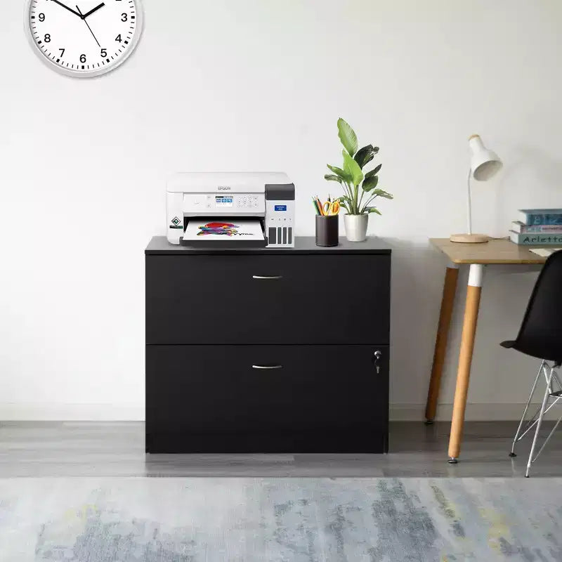 Meuble de classement latéral en bois Basicwise 30 avec deux tiroirs spacieux, un verrouillable - Convient au bureau à domicile, offrant amplement d'espace
