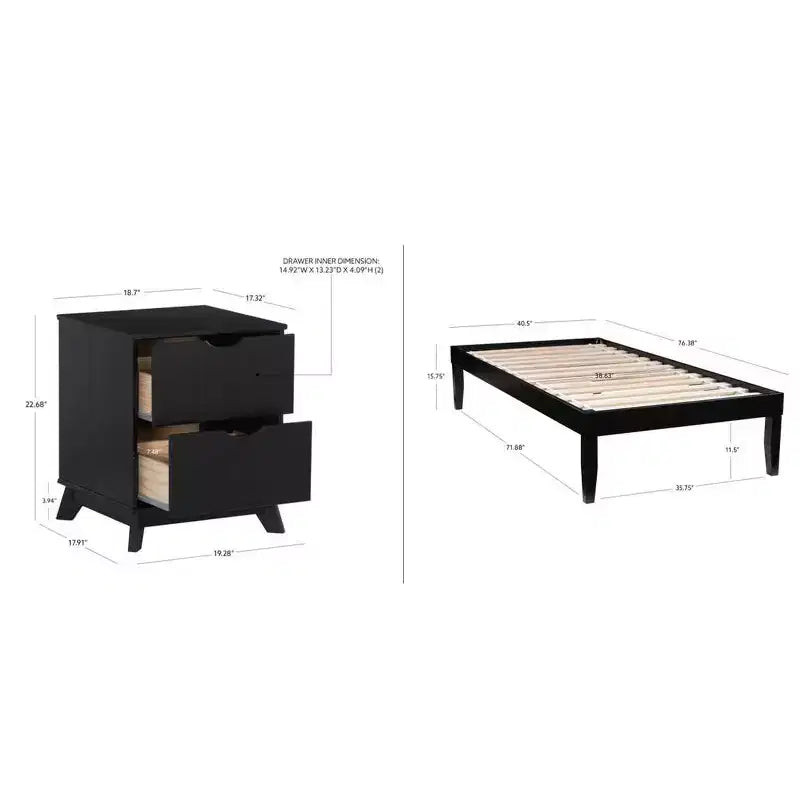 Lit plateforme jumeau et table de chevet Powell Pensy