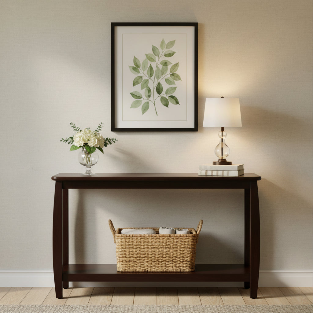 Contemporary Style Solid Wood Sofa Table With Slightly Rounded Shape, Dark Brown