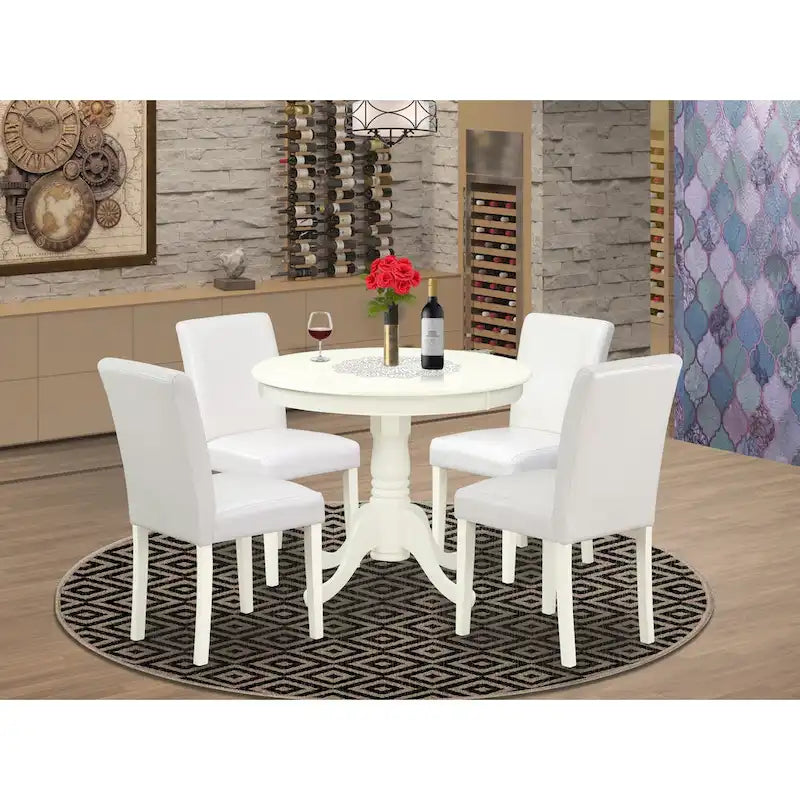 Ensemble de table à manger - Table de cuisine ronde et chaises Parsons en similicuir blanc, blanc lin (options de pièces)