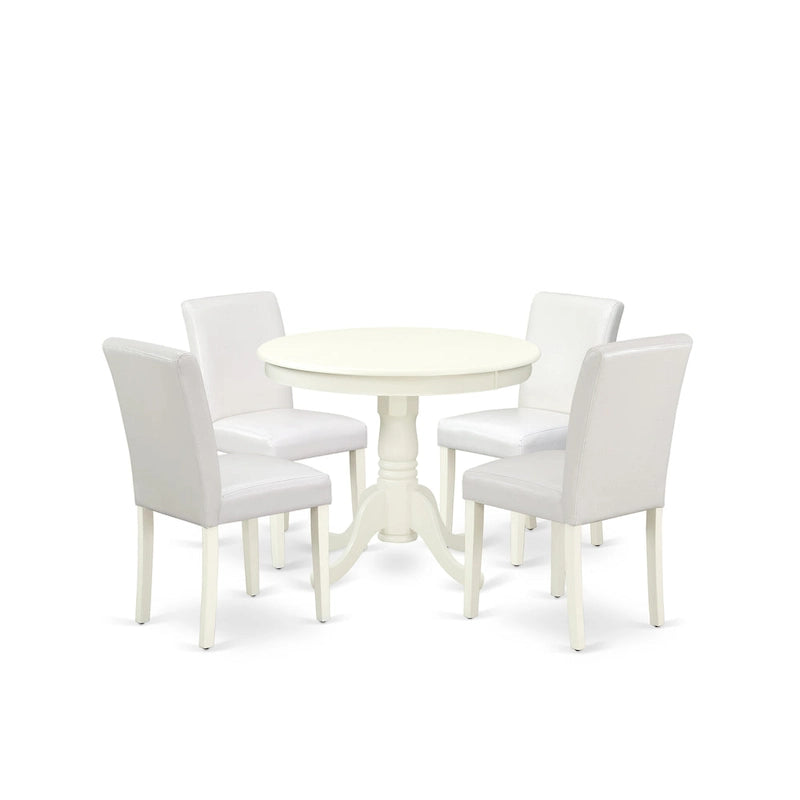 Ensemble de table à manger - Table de cuisine ronde et chaises Parsons en similicuir blanc, blanc lin (options de pièces)