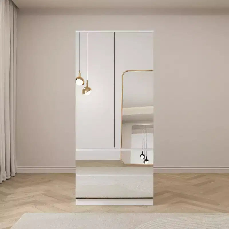 Armoire blanche Famapy avec tringle à vêtements et portes miroir