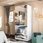 Armoire blanche Famapy avec tringle à vêtements et portes miroir