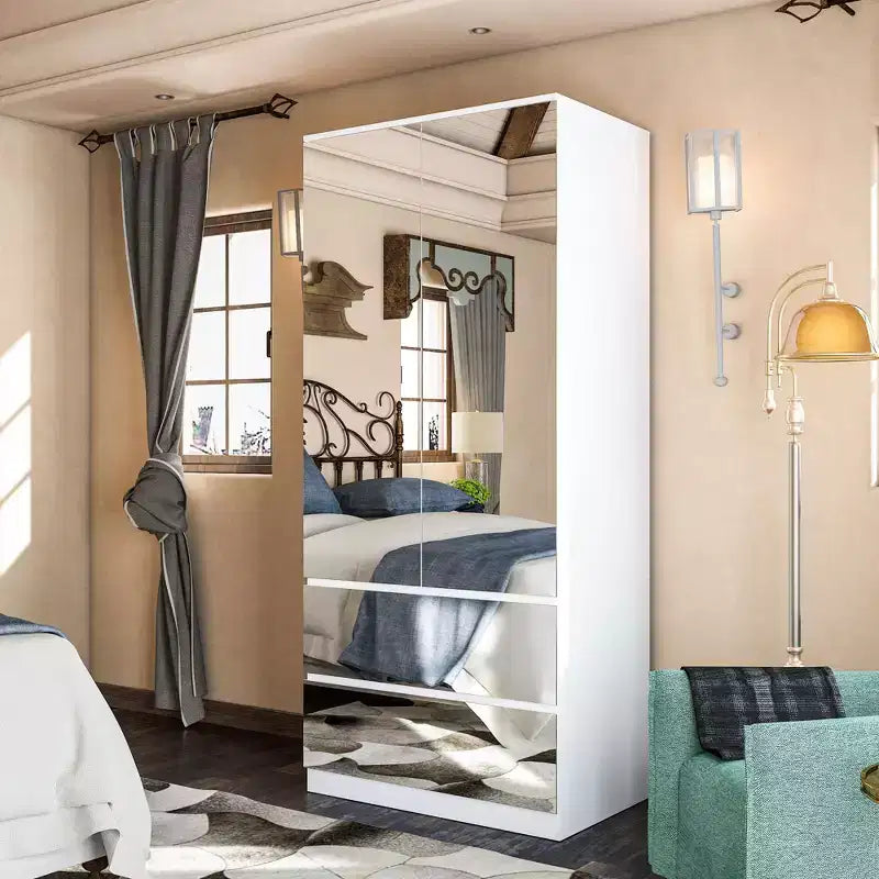 Armoire blanche Famapy avec tringle à vêtements et portes miroir