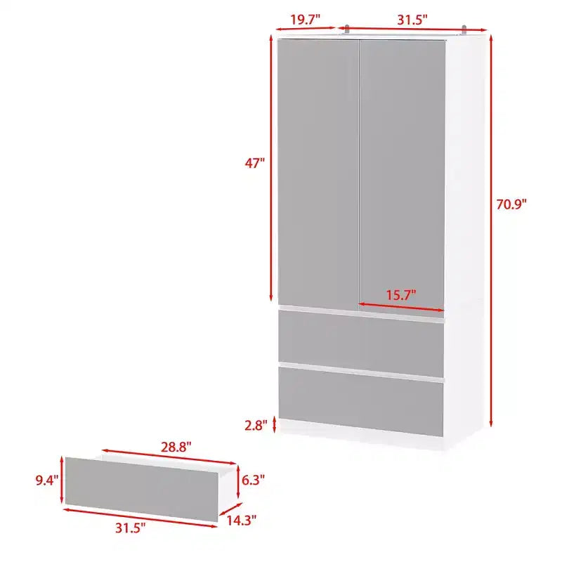 Armoire blanche Famapy avec tringle à vêtements et portes miroir