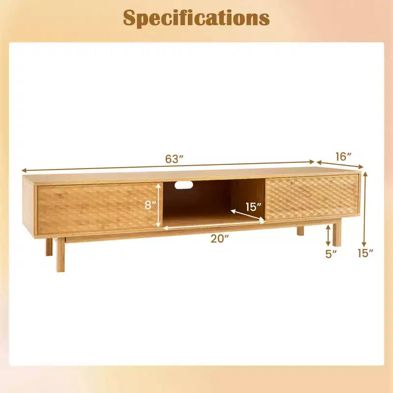 Meuble TV Costway 63 en bambou avec 3 compartiments de rangement, portes coulissantes et armoire de rangement de style milieu du siècle