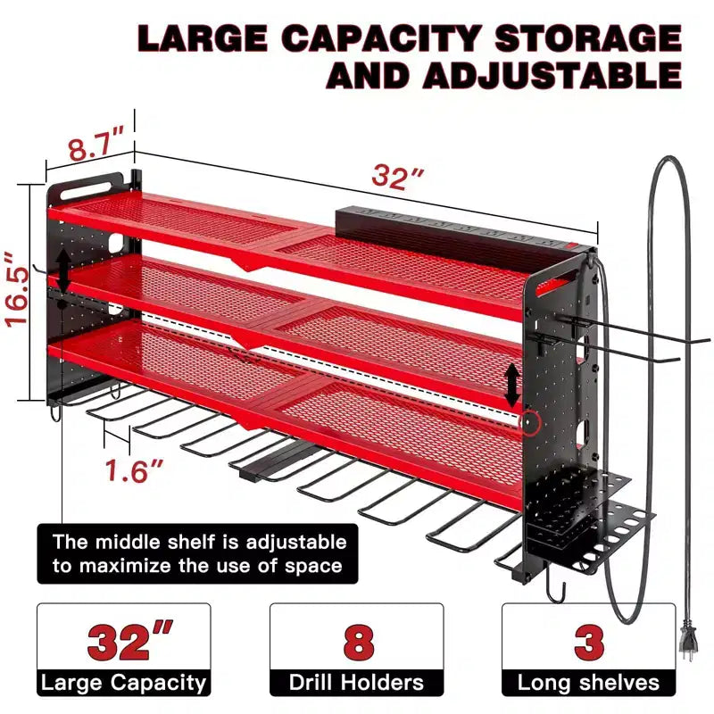 Étagères de rangement mural utilitaires Hausource à 4 niveaux pour outils électriques, support à 8 perceuses, rouge/noir/jaune