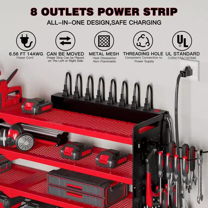 Étagères de rangement mural utilitaires Hausource à 4 niveaux pour outils électriques, support à 8 perceuses, rouge/noir/jaune