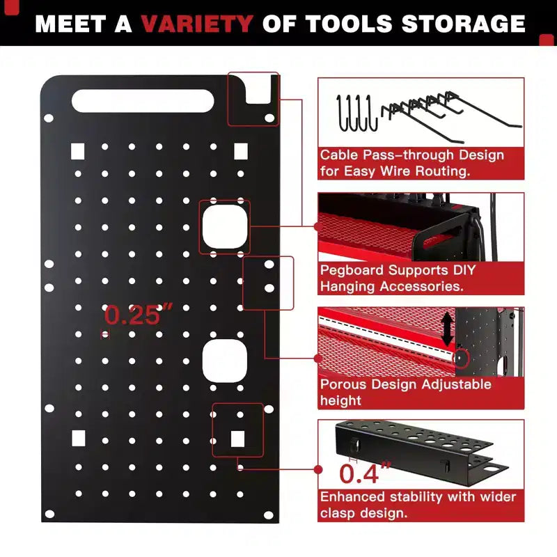 Étagères de rangement mural utilitaires Hausource à 4 niveaux pour outils électriques, support à 8 perceuses, rouge/noir/jaune