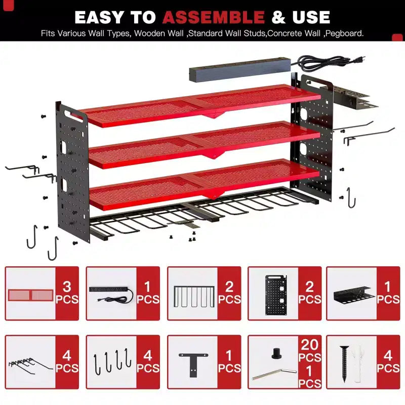 Étagères de rangement mural utilitaires Hausource à 4 niveaux pour outils électriques, support à 8 perceuses, rouge/noir/jaune