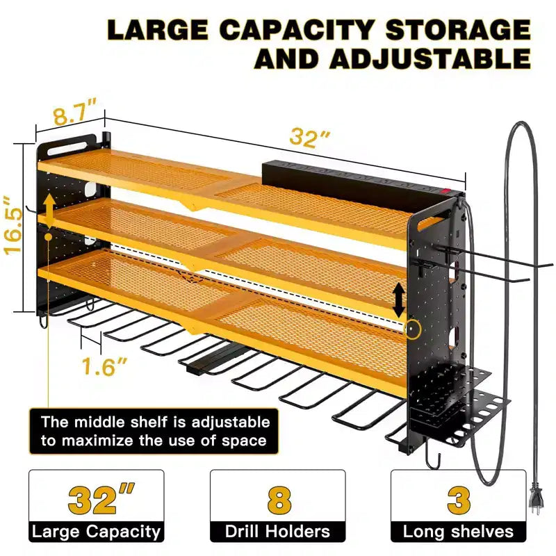 Étagères de rangement mural utilitaires Hausource à 4 niveaux pour outils électriques, support à 8 perceuses, rouge/noir/jaune