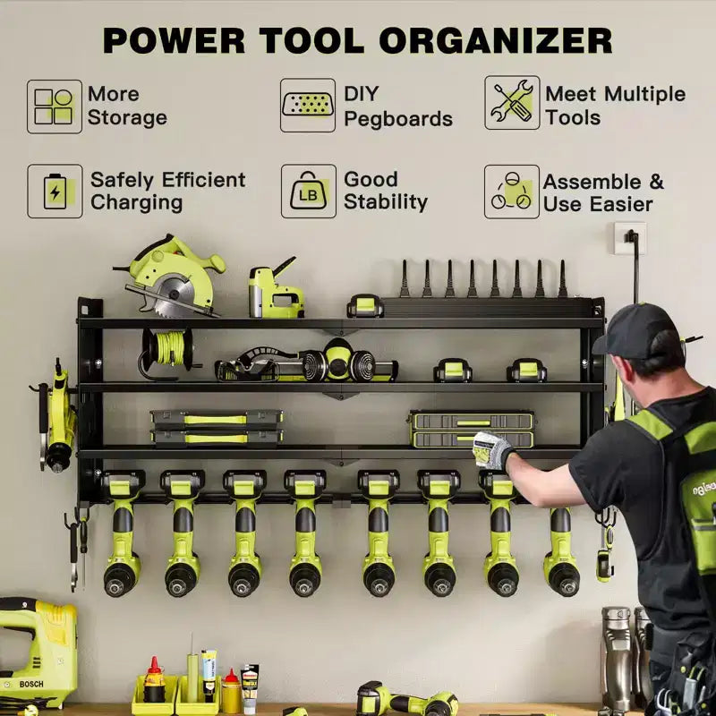 Étagères de rangement mural utilitaires Hausource à 4 niveaux pour outils électriques, support à 8 perceuses, rouge/noir/jaune
