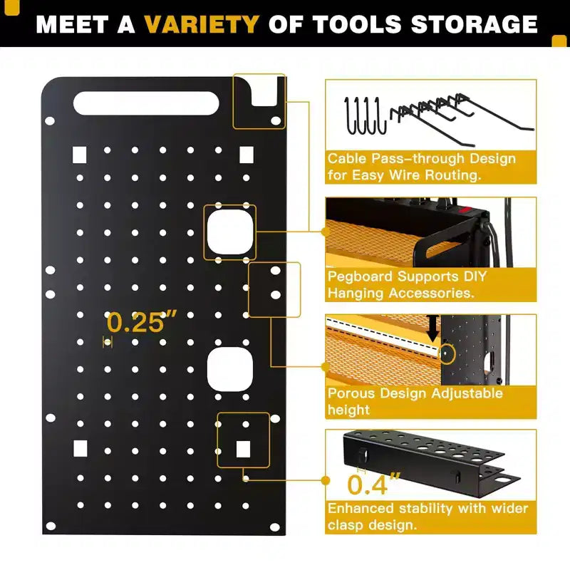 Étagères de rangement mural utilitaires Hausource à 4 niveaux pour outils électriques, support à 8 perceuses, rouge/noir/jaune