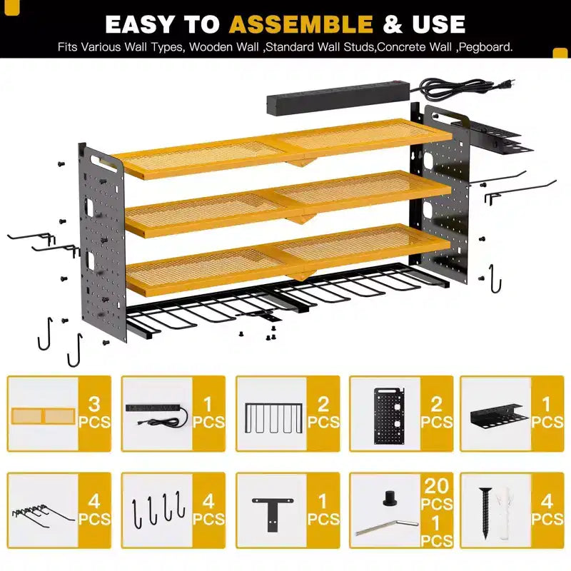 Étagères de rangement mural utilitaires Hausource à 4 niveaux pour outils électriques, support à 8 perceuses, rouge/noir/jaune