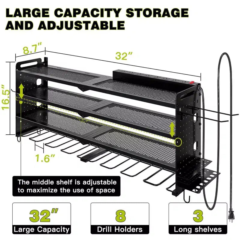 Étagères de rangement mural utilitaires Hausource à 4 niveaux pour outils électriques, support à 8 perceuses, rouge/noir/jaune