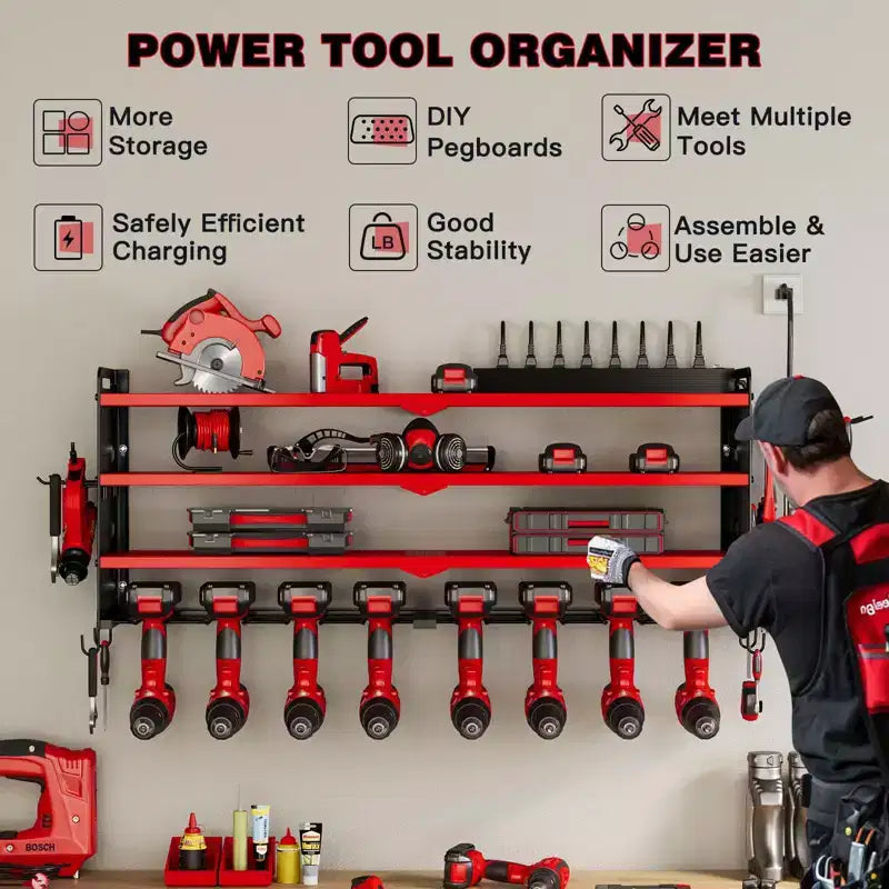 Étagères de rangement mural utilitaires Hausource à 4 niveaux pour outils électriques, support à 8 perceuses, rouge/noir/jaune