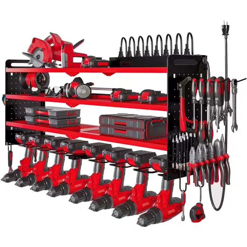 Étagères de rangement mural utilitaires Hausource à 4 niveaux pour outils électriques, support à 8 perceuses, rouge/noir/jaune