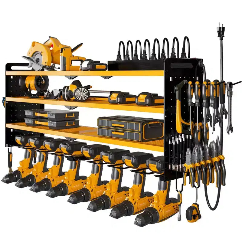 Étagères de rangement mural utilitaires Hausource à 4 niveaux pour outils électriques, support à 8 perceuses, rouge/noir/jaune