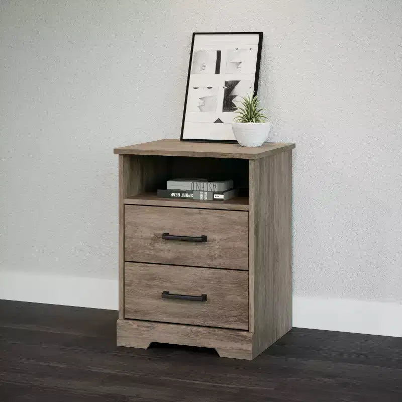 Table de chevet rustique Prepac Rustic Ridge avec 2 tiroirs et une étagère ouverte