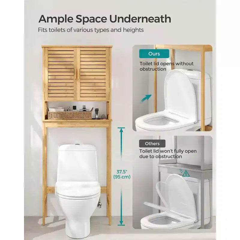 Meuble de Rangement au-Dessus des Toilettes SONGMICS, Armoire avec Étagère Intérieure Réglable et Barre Stabilisatrice Inférieure, Étagère WC, Beige Naturel