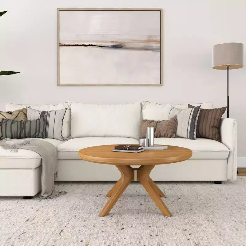 Table basse ronde à tréteaux en bois massif Plank+Beam, 36 po, pour salon
