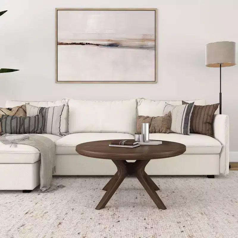 Table basse ronde à tréteaux en bois massif Plank+Beam, 36 po, pour salon