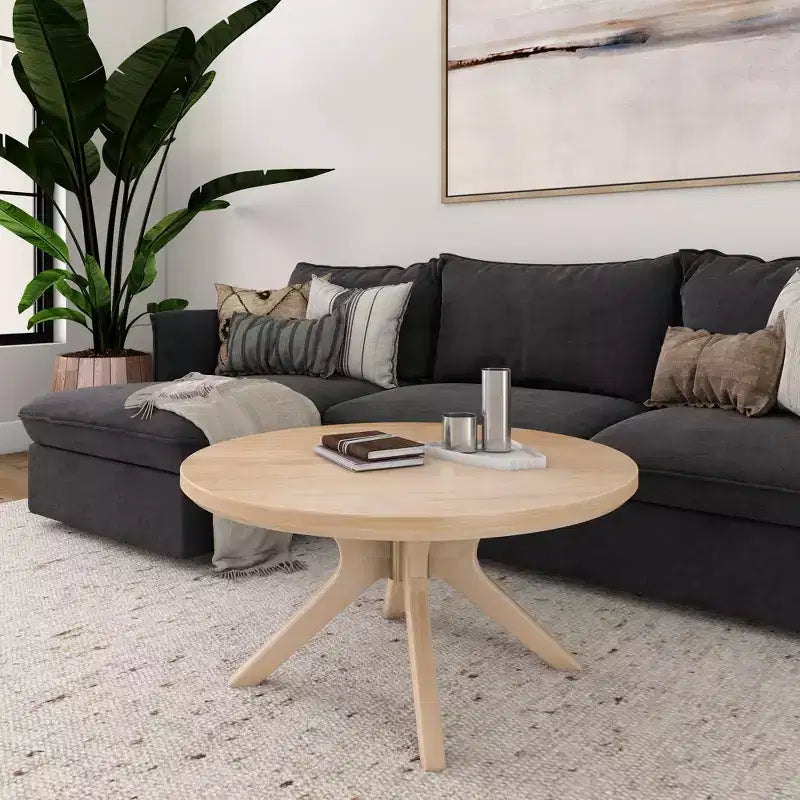 Table basse ronde à tréteaux en bois massif Plank+Beam, 36 po, pour salon